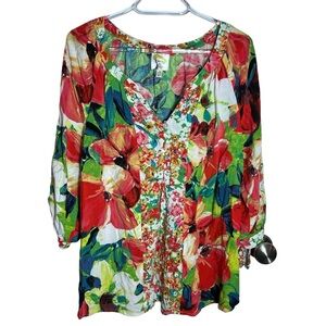 Fig and Flower Red & Green Floral V-Neck Blouse, 1x